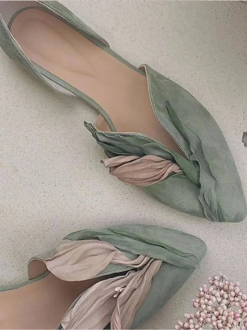Floral Appliqué Pointed Toe Flats in Pink and Sage